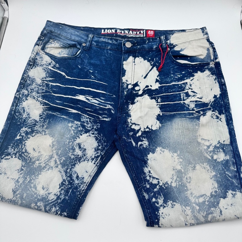 Lion Dynasty Mens Size 40 Slim Fit Distressed Bleach‎ Wash Denim Jeans Blue